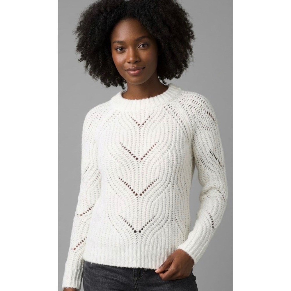 Kensie White Pointelle Knit Chevron Crewneck Sweater Size Large NEW